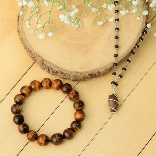 Divine Trio Combo: Tiger Eye  Bracelet, Black Tulsi Mala & Narmadeshwar Shivling