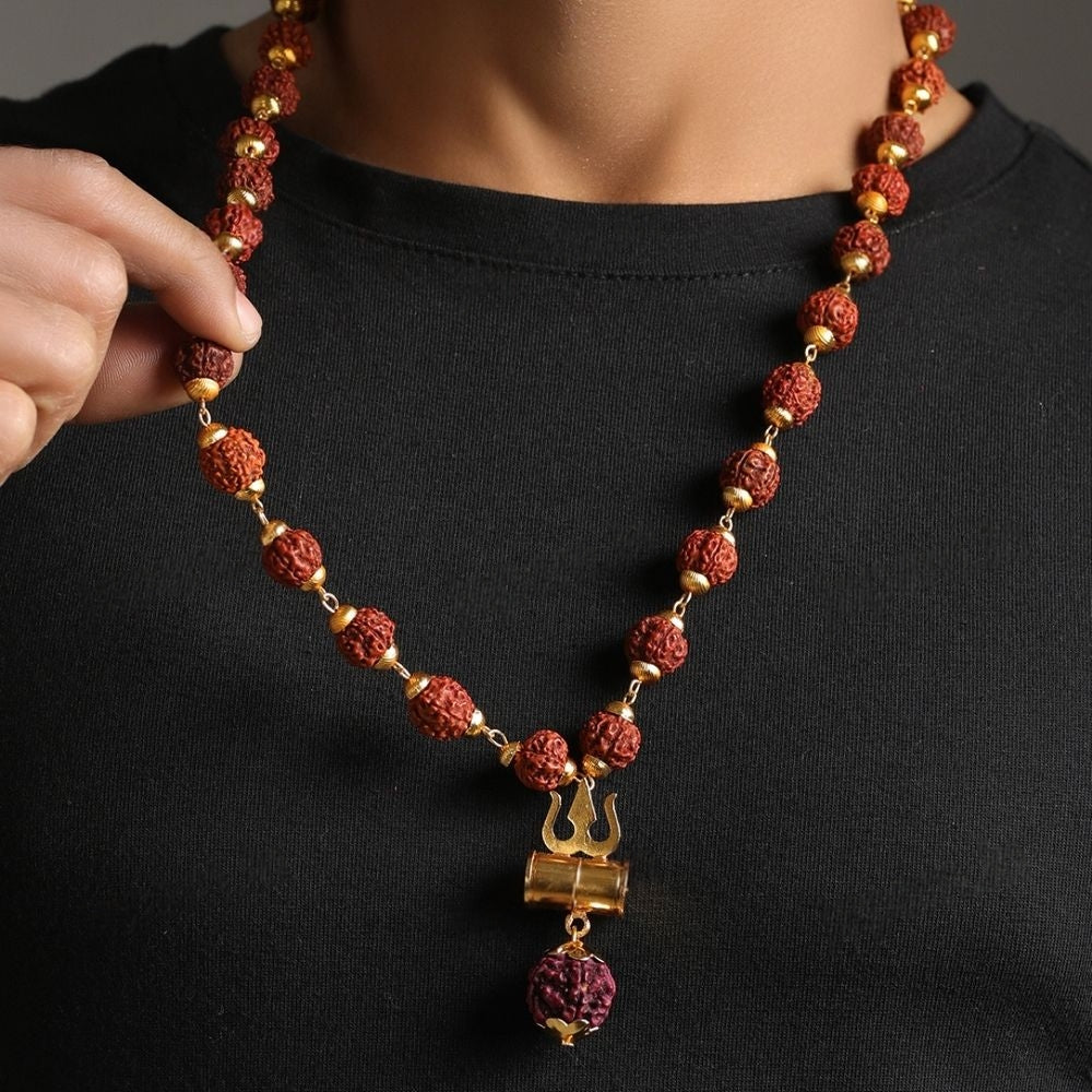 Gold Plated Rudraksha Trishool Necklace